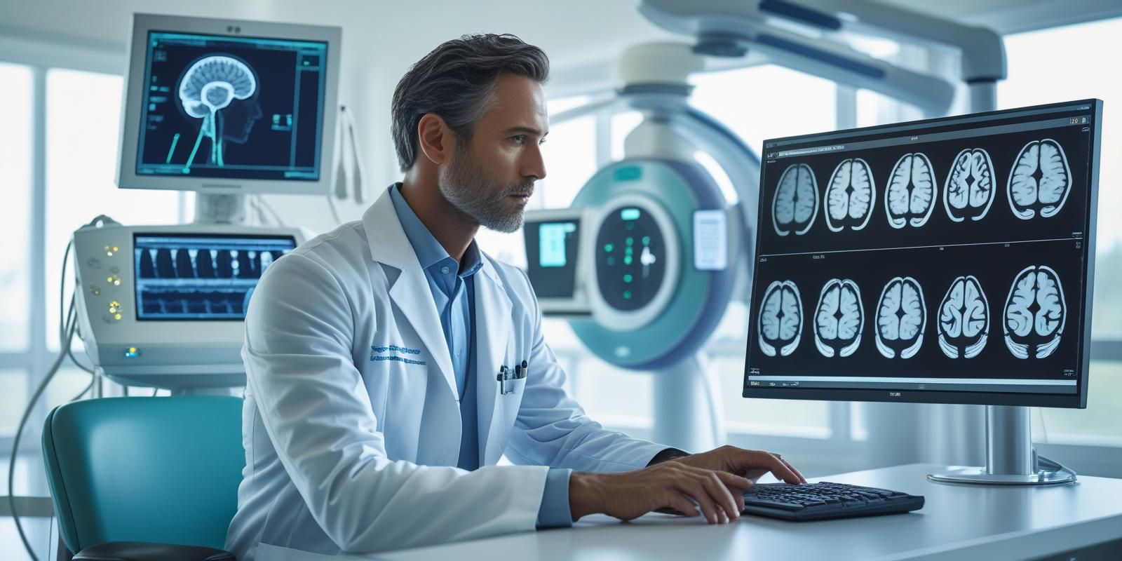 A modern neurology hospital room with advanced brain monitoring equipment (EEG, MRI) in the background. A neurologist in a white coat is reviewing brain scans on a screen, focused and professional atmosphere